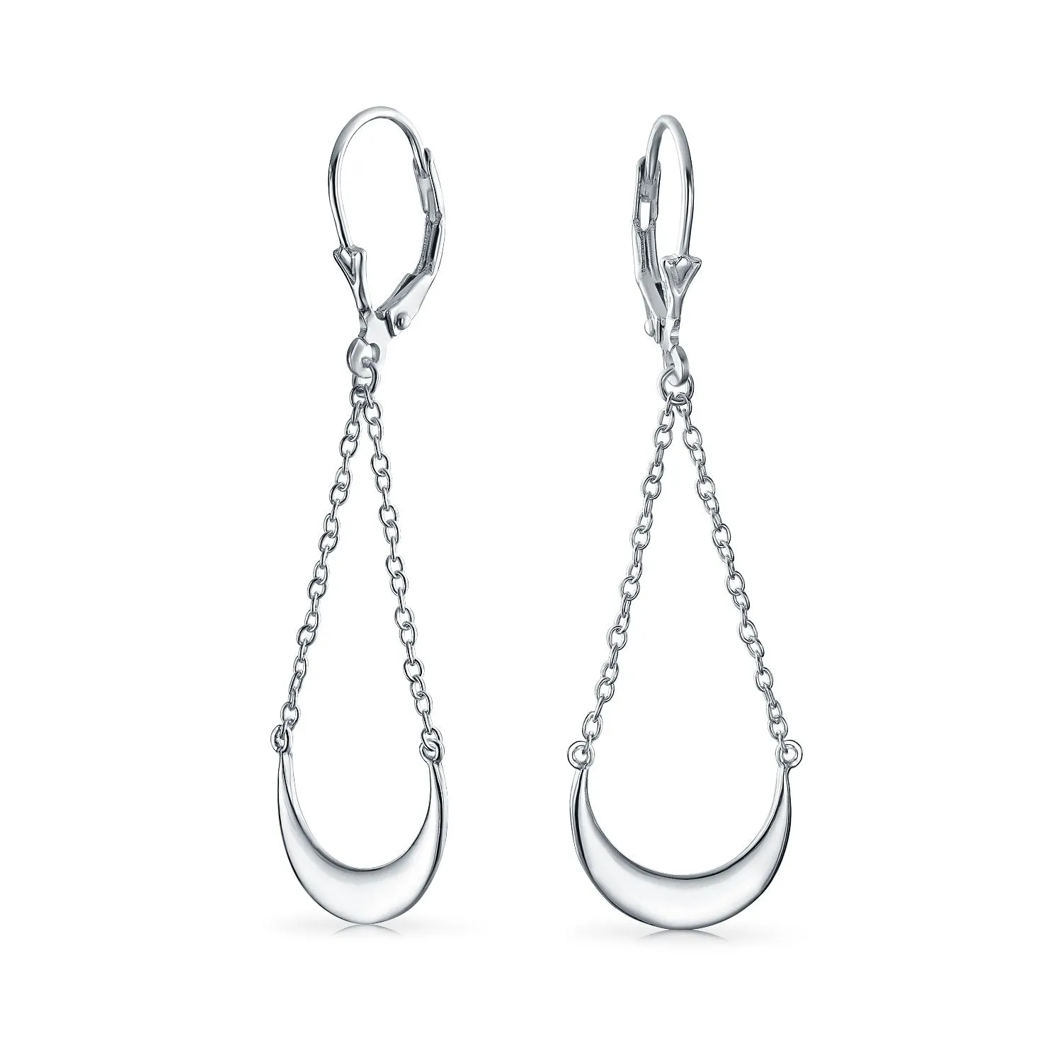 Geometric Chain Crescent Moon Dangling Earrings .925Sterling Silver