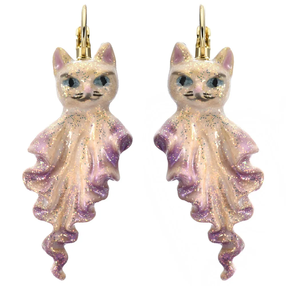 Ghost Kitty Leverback Earrings (Goldtone/White)