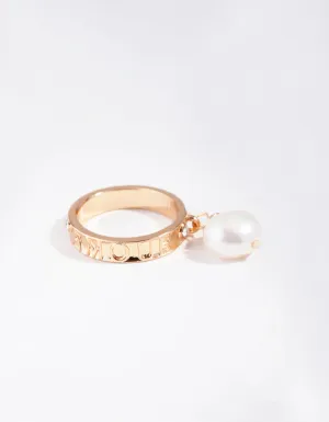 Gold Diamante Freshwater Pearl Charm Band Ring