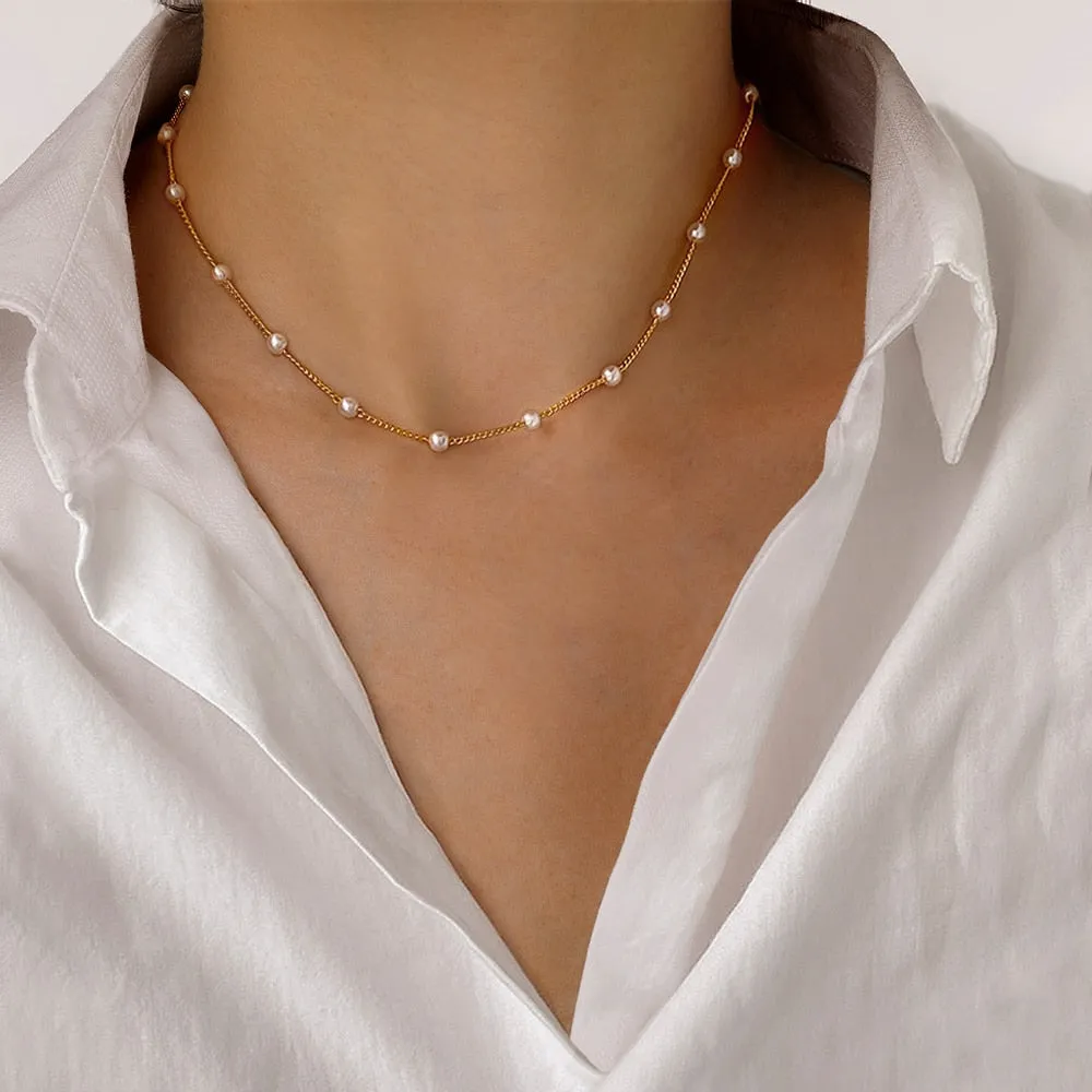 Gold Pearl String Necklace