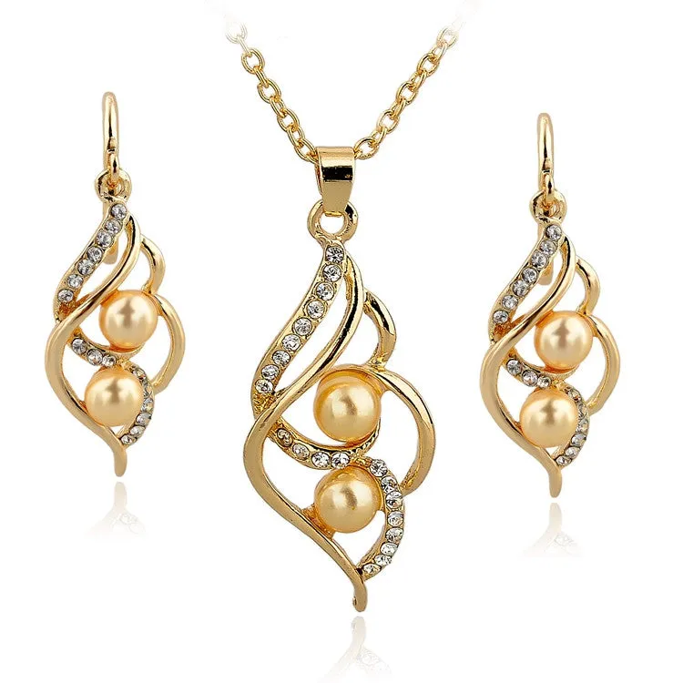 Gold Plated Elegant Fashion Inlaid Crystal Jewelry Sets Imitation Pearl Earrings Necklaces Set For Women Wedding