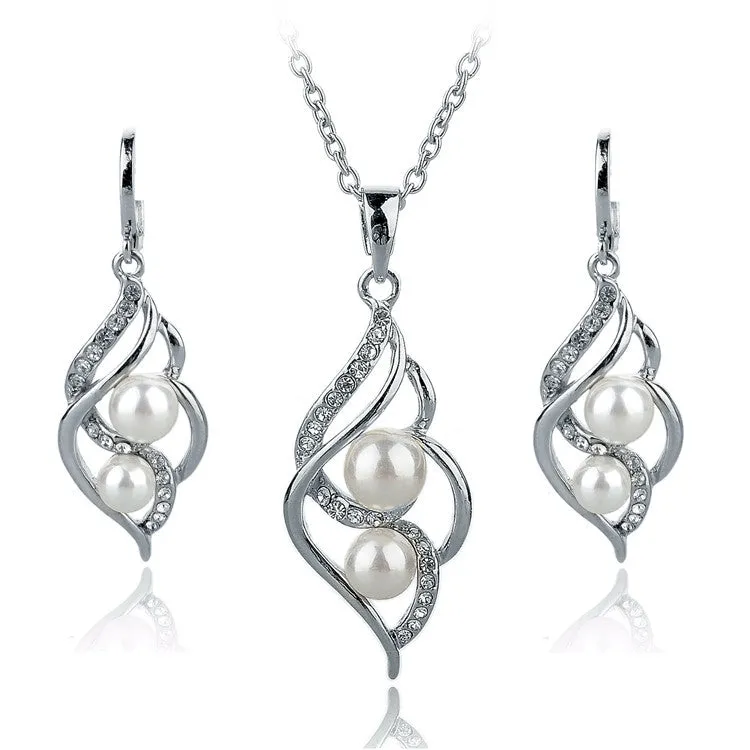 Gold Plated Elegant Fashion Inlaid Crystal Jewelry Sets Imitation Pearl Earrings Necklaces Set For Women Wedding