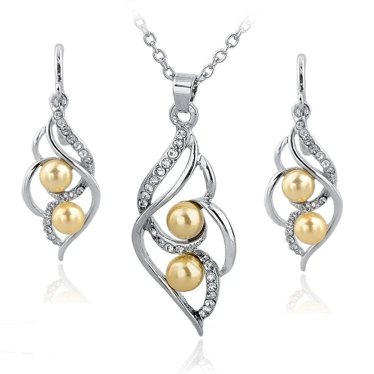 Gold Plated Elegant Fashion Inlaid Crystal Jewelry Sets Imitation Pearl Earrings Necklaces Set For Women Wedding