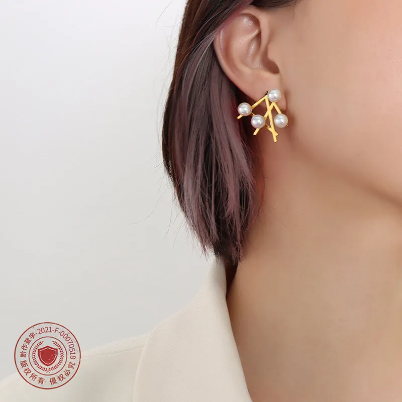 Gold Plated Irregular Pearl Earrings with Titanium Steel Needles