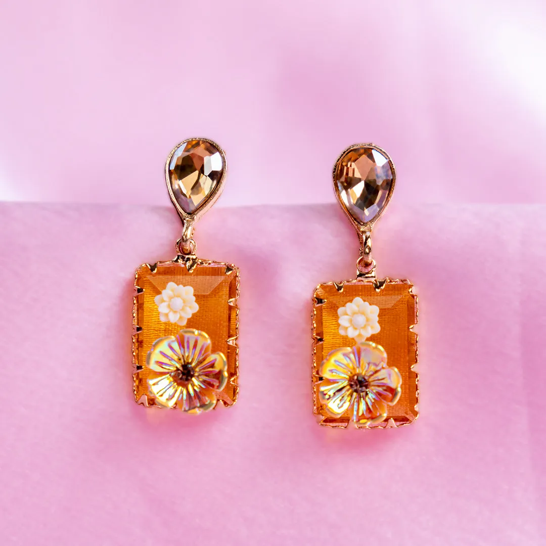 Gold Plated Orange Rhinestone Flower Earring