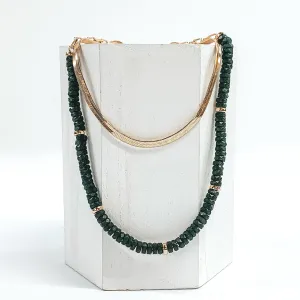 Gold Tone Herringbone Chain and Resin Beaded Layered Necklace in Olive