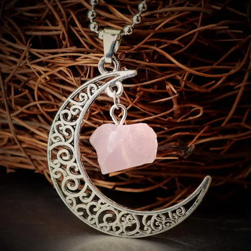 Handmade Natural Amethyst Rose Quartz Antique Bronze Galaxy Moon Pendant Necklace Healing Stone Christmas Gift Jewelry