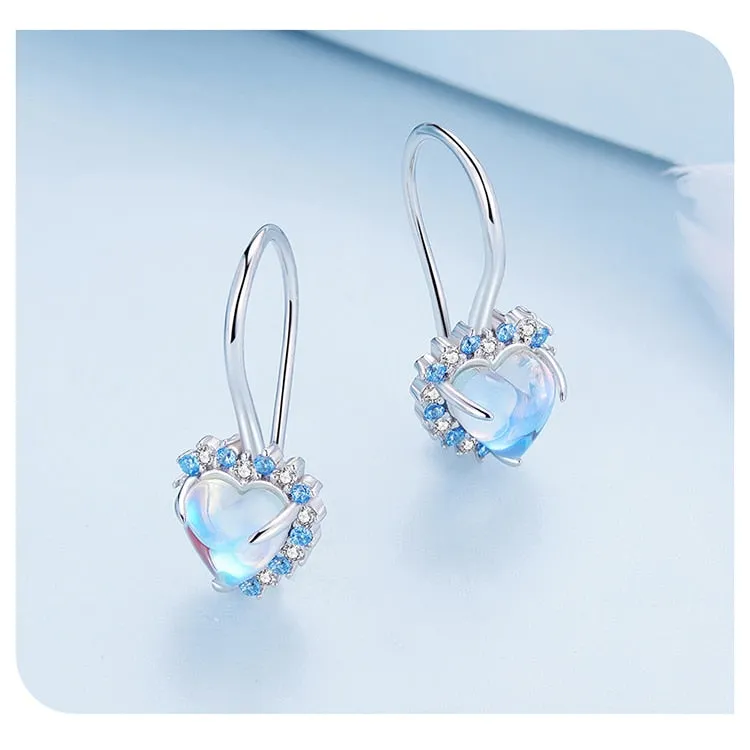 Heart-shaped Rainbow Moonstone with Blue White zircons Pendant Ear Hoop