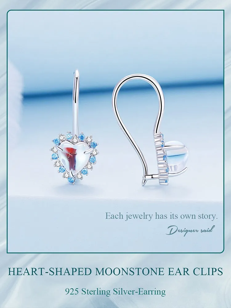 Heart-shaped Rainbow Moonstone with Blue White zircons Pendant Ear Hoop