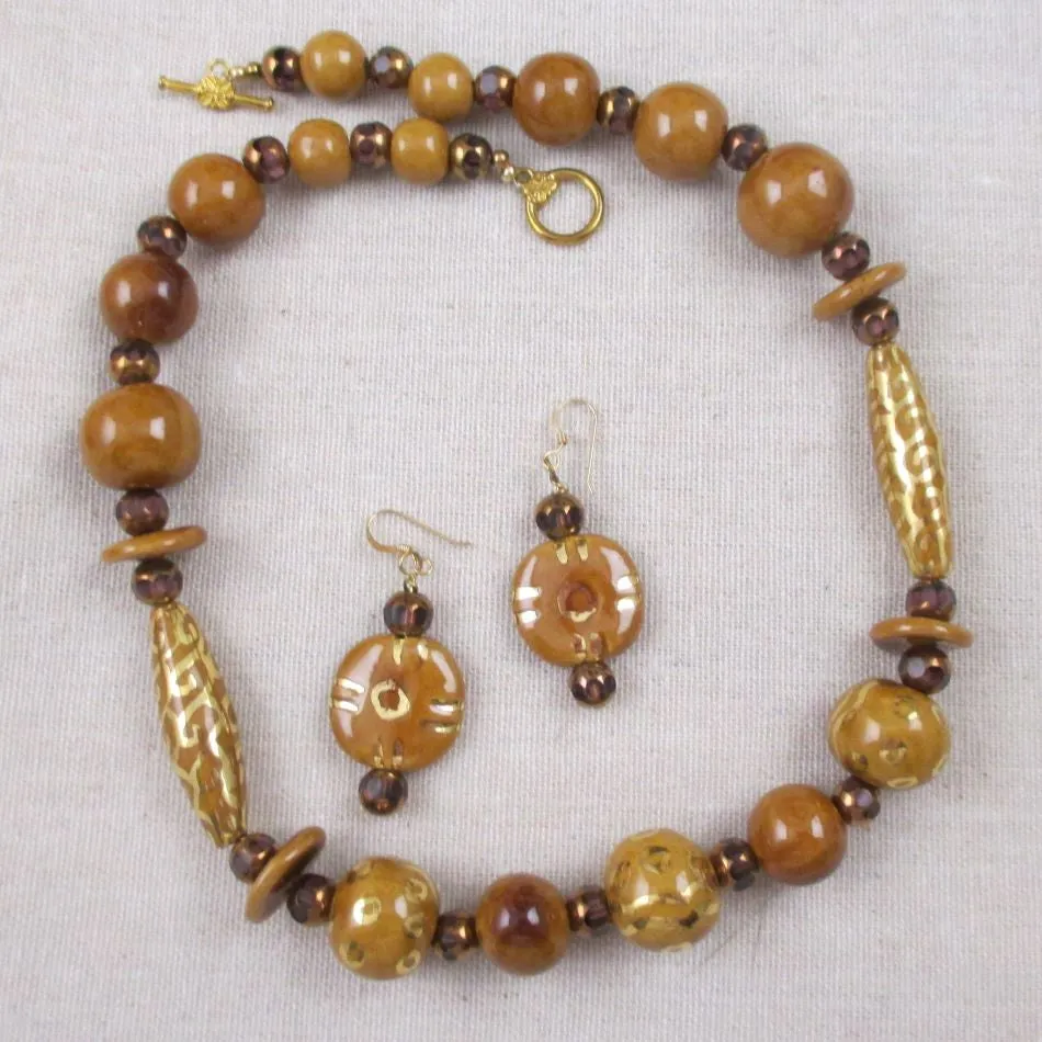 Honey and Gold Handmade Fair Trade Kazuri Bead Necklace & Earrings