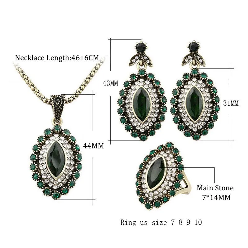 Indian Vintage Luxury Rhinestone Green Crystal Horse Eye Flower Statement Necklace Earring Fashion Jewelry Set Anel De Formatura