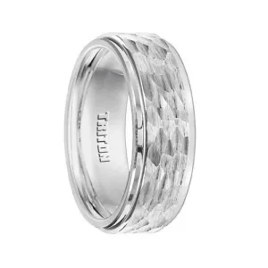 ISAIAH White Tungsten Carbide Wedding Band with Polished Step Edges and Hammered Finished Raised Center by Triton Rings - 8mm