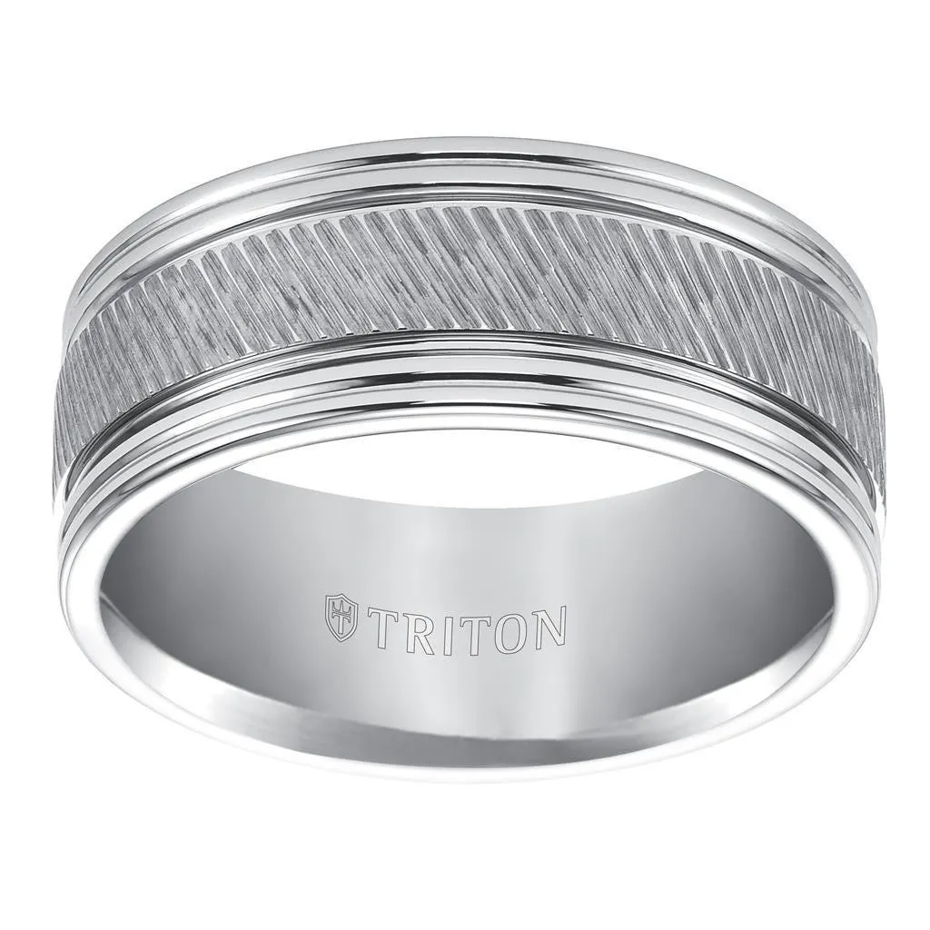 LARS Flat Pipe Cut White Tungsten Carbide Ring with Center Diagonal Coin Edge Texture and Polished Grooved Edges by Triton Rings - 9mm