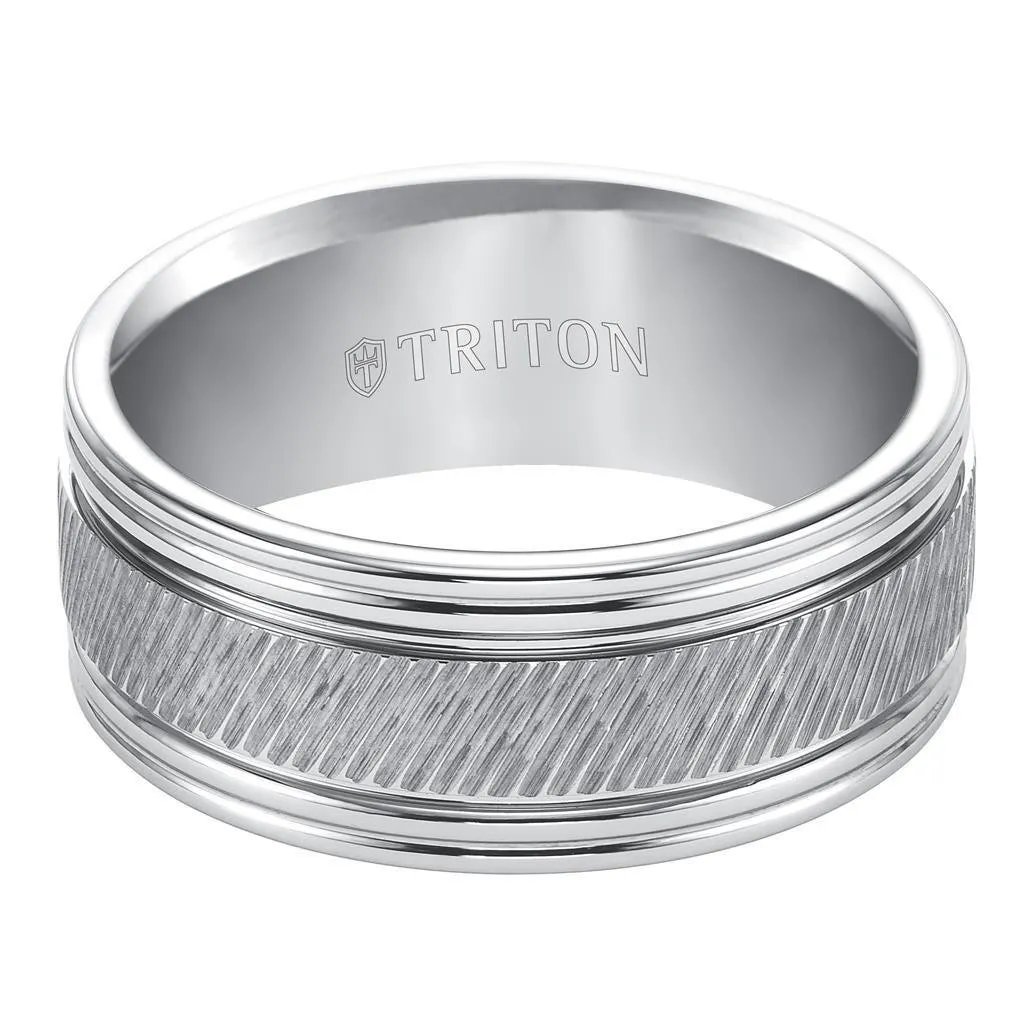 LARS Flat Pipe Cut White Tungsten Carbide Ring with Center Diagonal Coin Edge Texture and Polished Grooved Edges by Triton Rings - 9mm