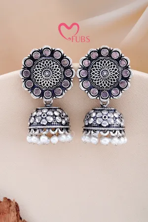 Light Pink Oxidized Ethereal Stone Chandrika Jhumka