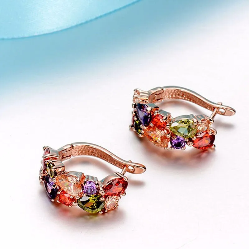 Luxury Colorful Wedding Jewelry Sets Rose Gold Plated Earrings&Ring Shining CZ Diamond Zircon Bridal Jewelry Sets