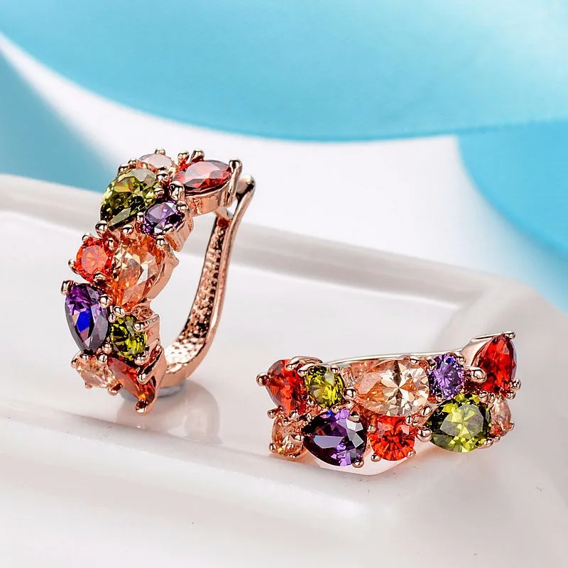 Luxury Colorful Wedding Jewelry Sets Rose Gold Plated Earrings&Ring Shining CZ Diamond Zircon Bridal Jewelry Sets