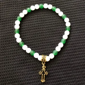 Matte Green and White Beaded Gold Cross Bracelet