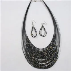 Multi-strand  Black Seed Bead Necklace & Earrings