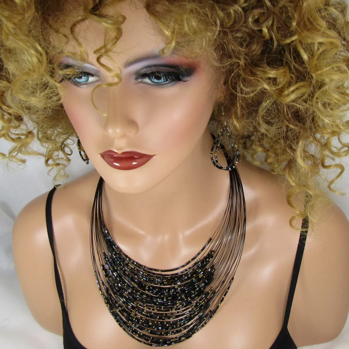 Multi-strand  Black Seed Bead Necklace & Earrings