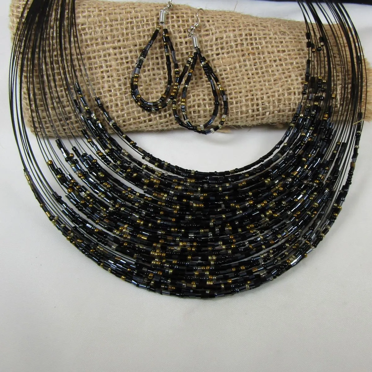 Multi-strand  Black Seed Bead Necklace & Earrings