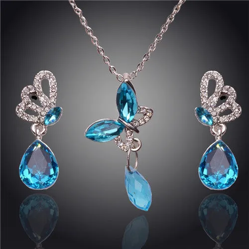 New Austrian Crystal Butterfly Earrings Water Drop Pendant For Women Jewelry Sets Wedding Party Gift