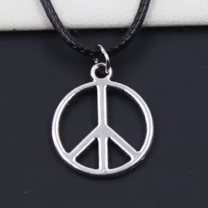 New Durable Black Faux Leather Peace Sign Symbol Pendant Cord Choker DIY Necklace Retro Boho Tibetan Silver Color