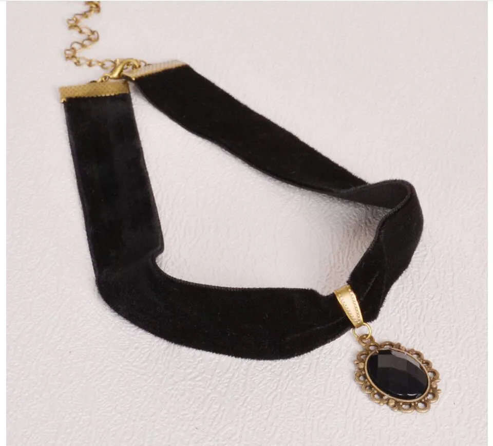 New Fashion Black Imitation Leather Choker Necklace Gothic Chain Charm Gem Pendant Vintage Jewelry