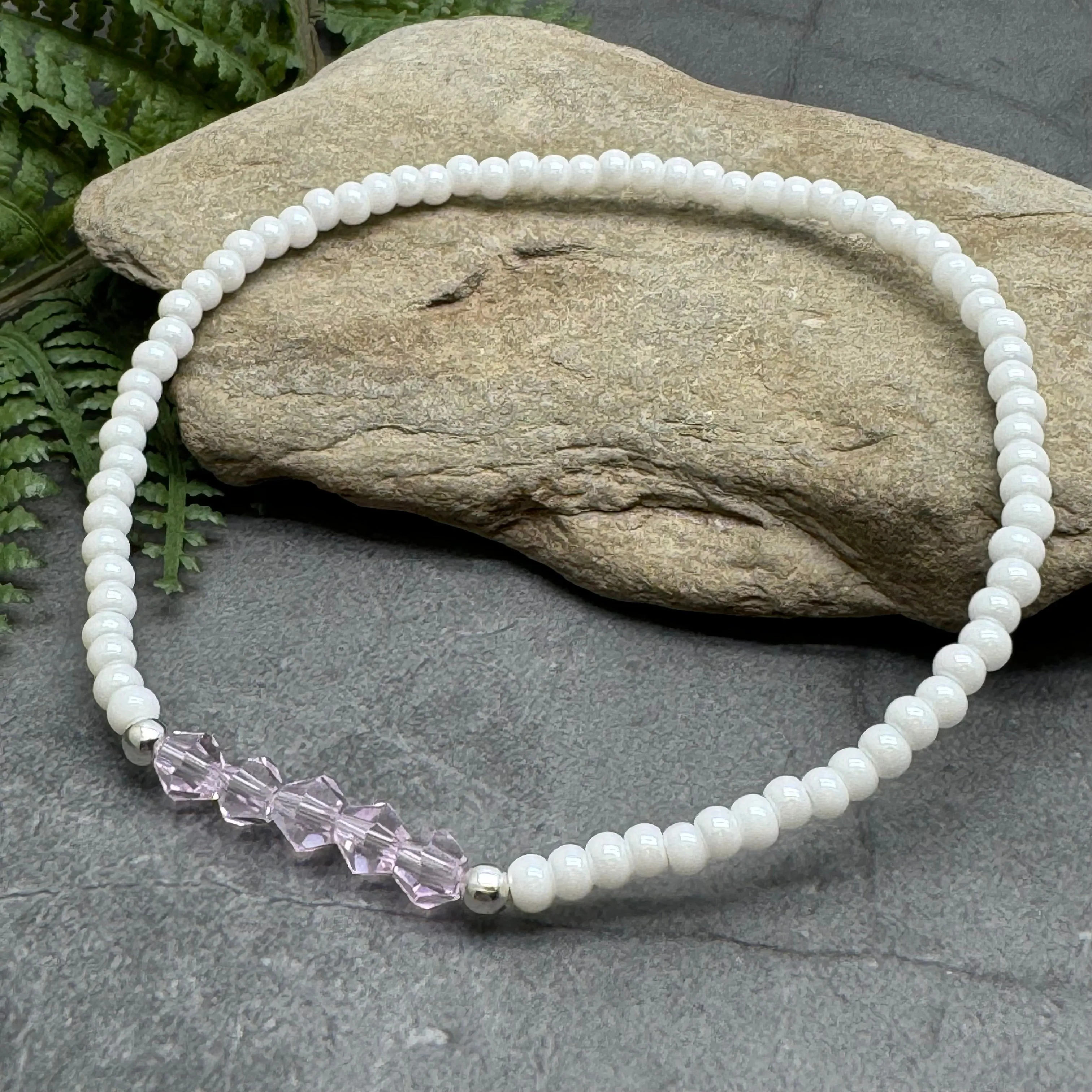 Pink Bicone White Glass Seed Bead Anklet