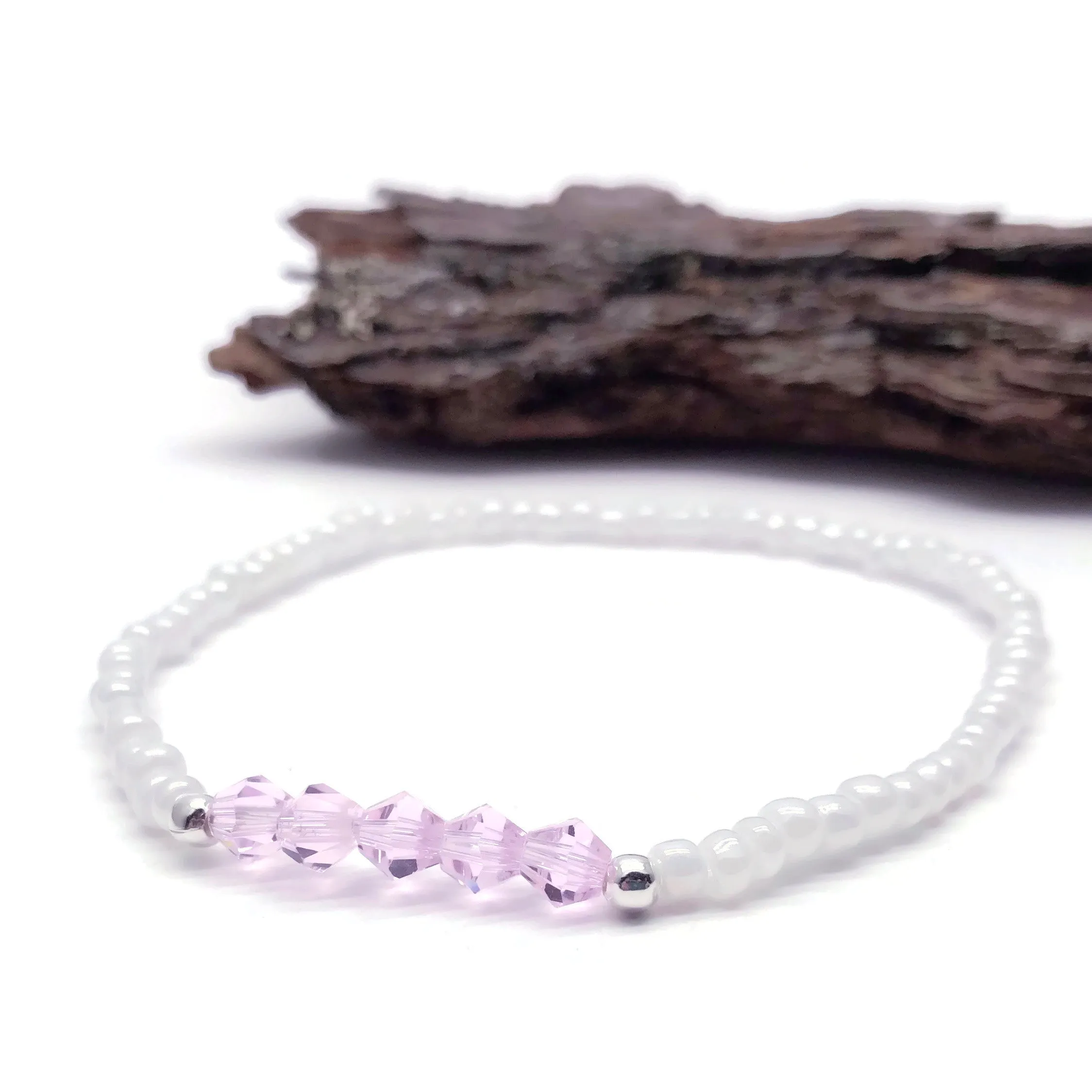 Pink Bicone White Glass Seed Bead Anklet