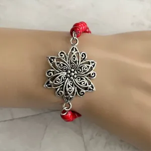 Red Mosaic Howlite Beaded Bracelet with Silver Flower