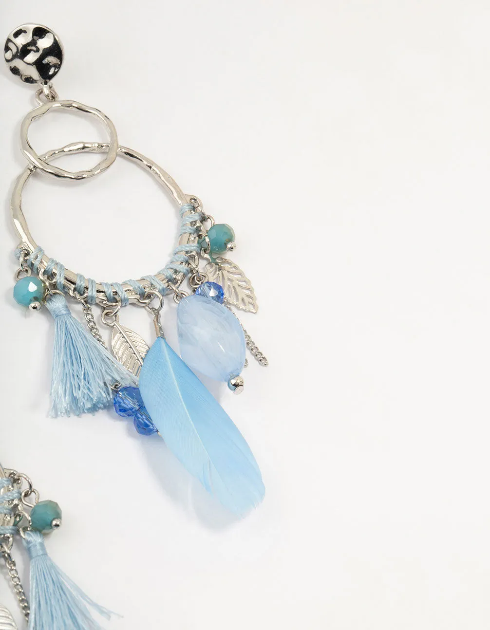 Rhodium Light Blue Feather Dream Catcher Drop Earrings