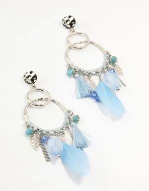 Rhodium Light Blue Feather Dream Catcher Drop Earrings