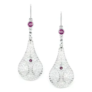 RHODOLITE GARNET FILIGREE EARRINGS STERLING SILVER DANGLE TEARDROP VINTAGE STYLE