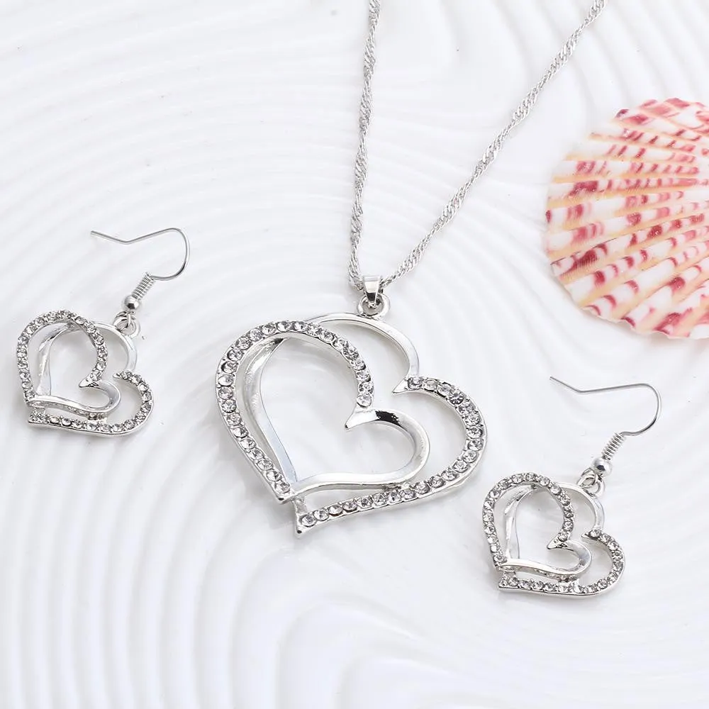 Romantic Heart Pattern Crystal Earrings Necklace Set Silver Color Chain Jewelry Sets Wedding Jewelry Valentine's Gift