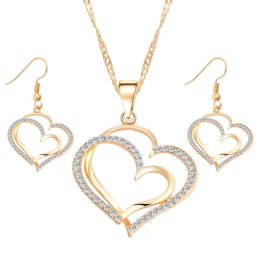 Romantic Heart Pattern Crystal Earrings Necklace Set Silver Color Chain Jewelry Sets Wedding Jewelry Valentine's Gift