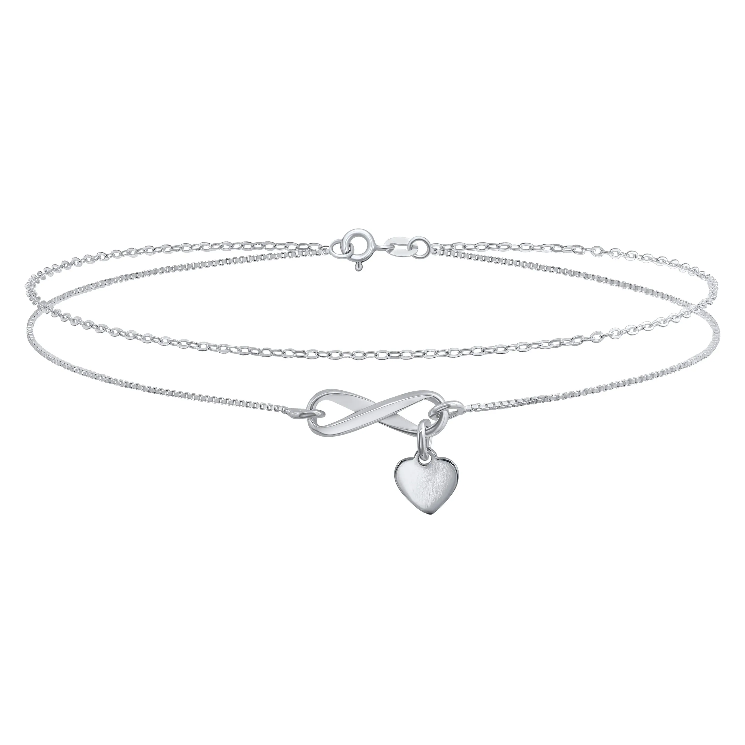 Romantic Love Knot Heart Layered Anklet Ankle Bracelet Double Chain Silver 9 Inch