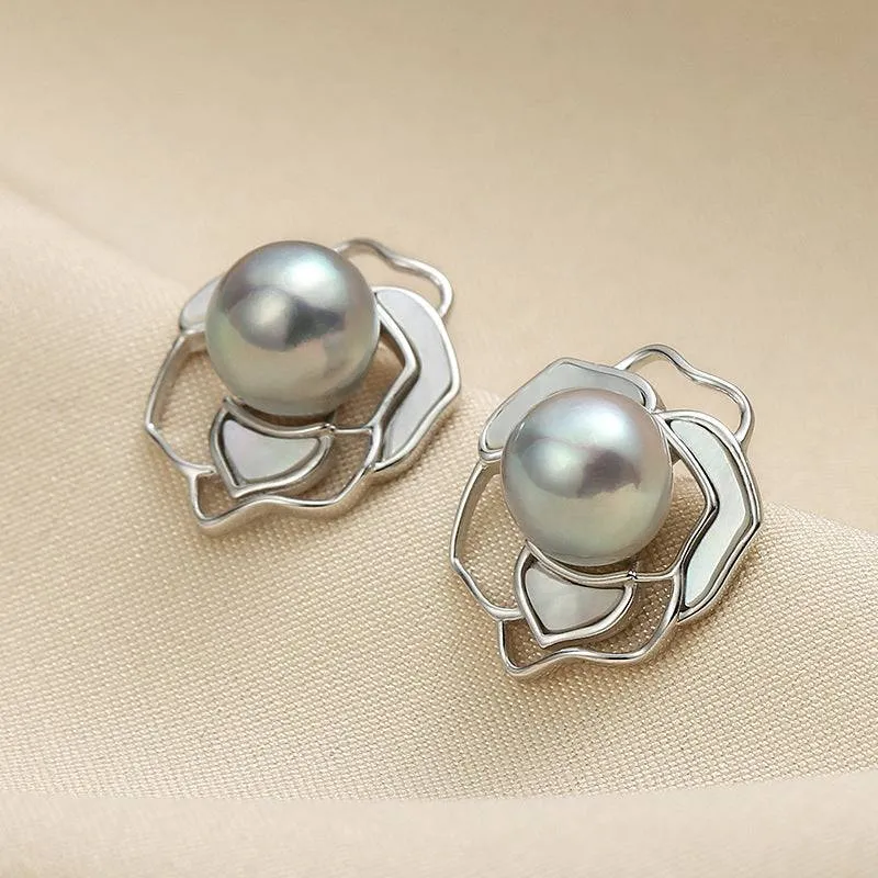 Rose Silver Blue Seawater Pearls Earrings