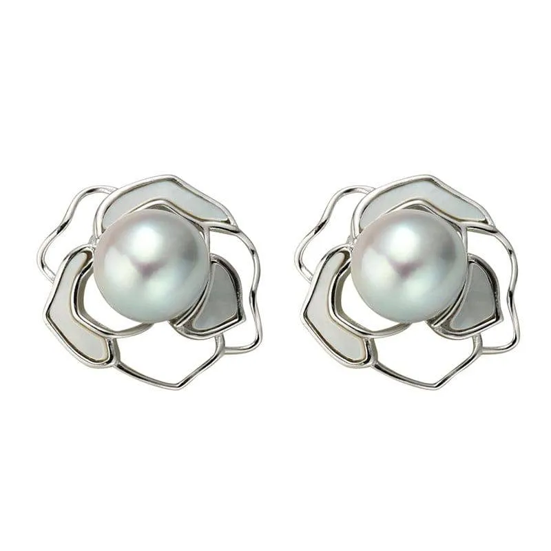 Rose Silver Blue Seawater Pearls Earrings