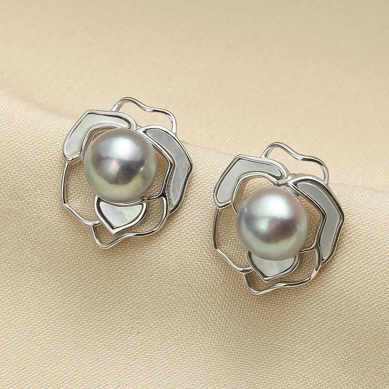 Rose Silver Blue Seawater Pearls Earrings