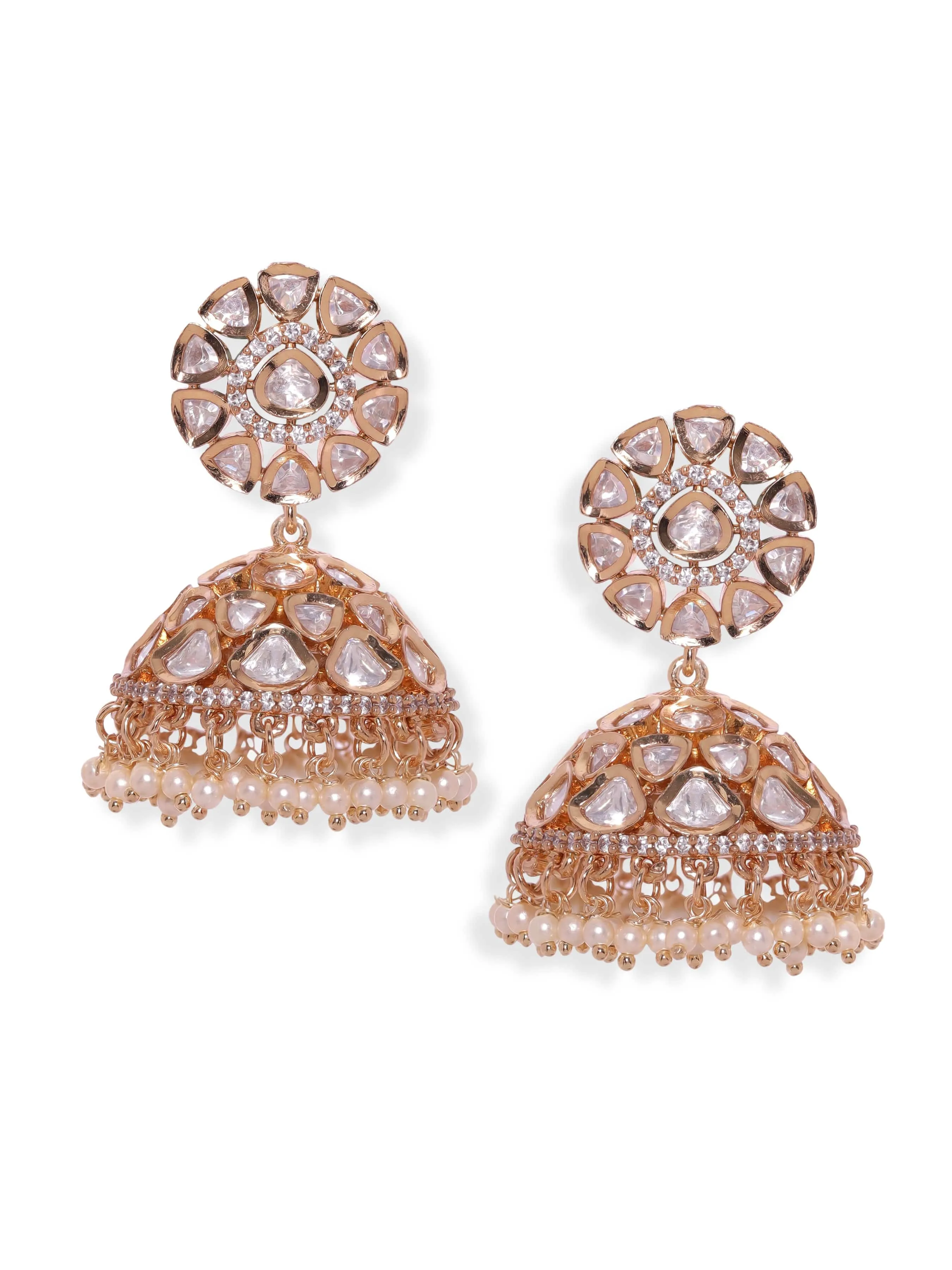 Rubans Ethereal Elegance White Beaded jhumka Earrings with Polki and Zircons