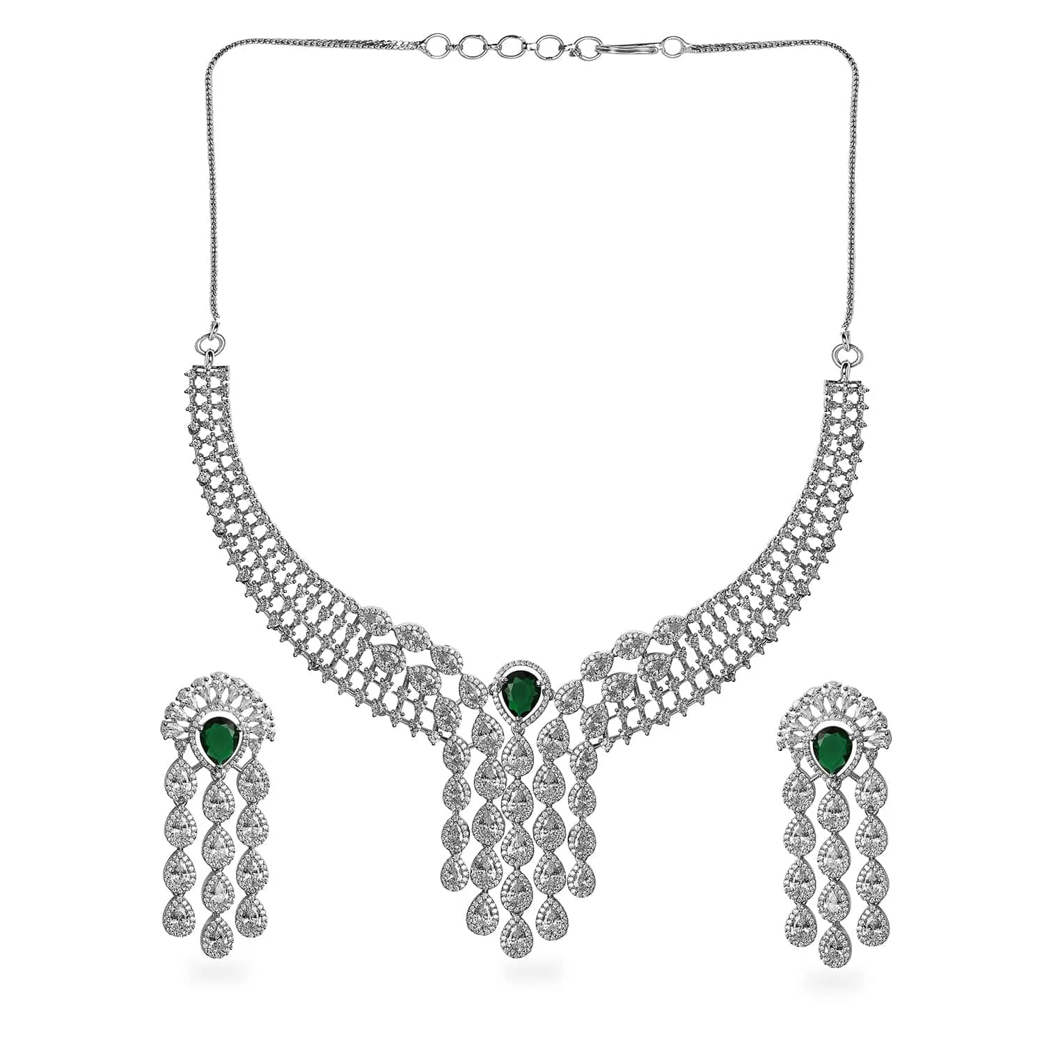 Rubans Silver-Plated EmeraldGreen & White CubicZirconia Multilayer Luxurious Jewellery Set