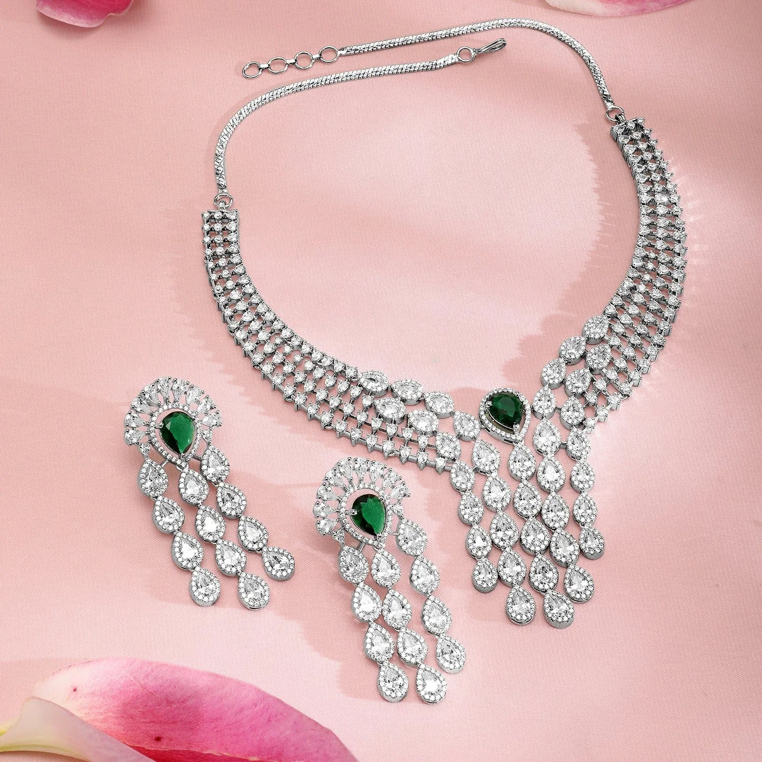 Rubans Silver-Plated EmeraldGreen & White CubicZirconia Multilayer Luxurious Jewellery Set