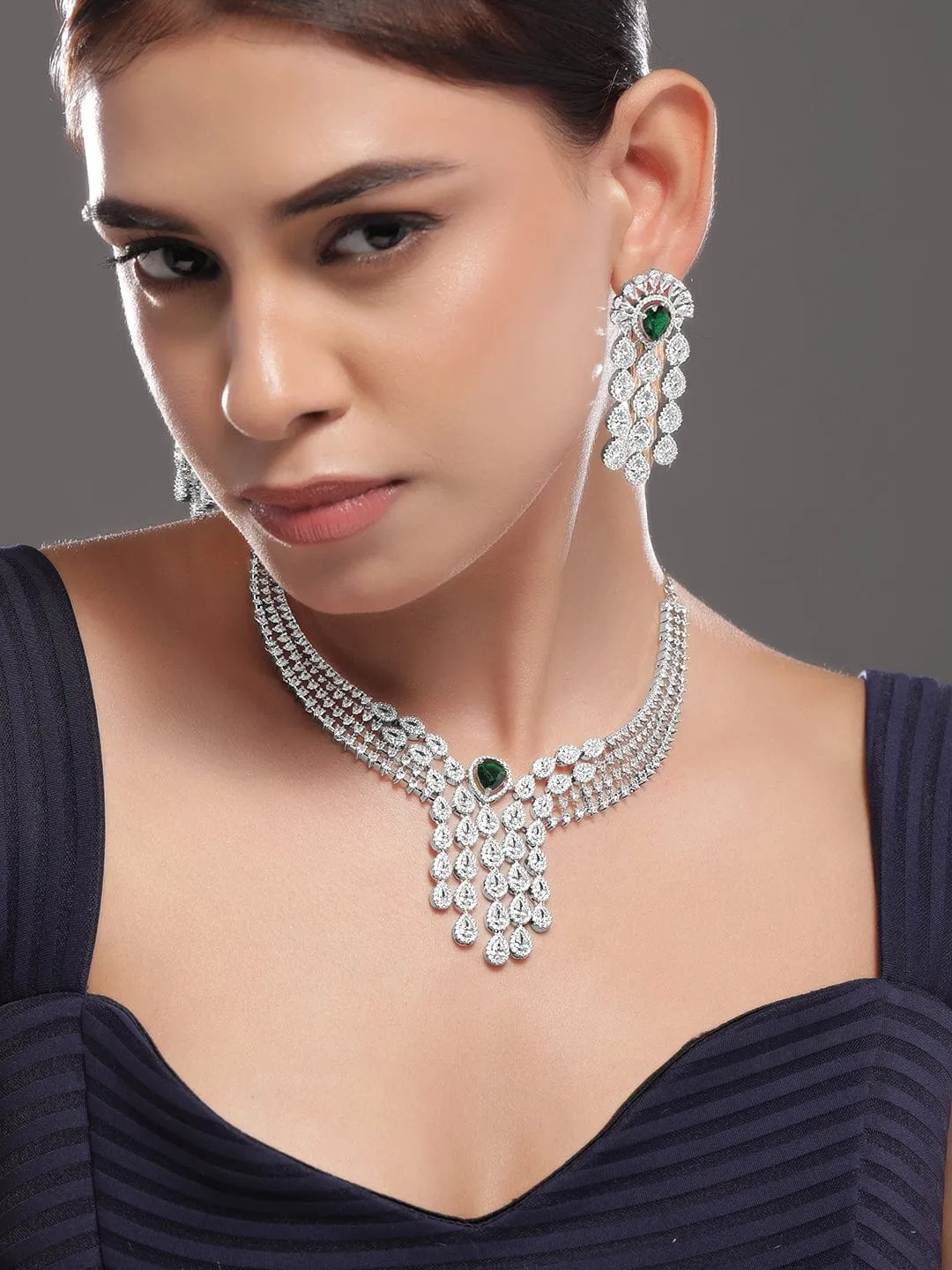 Rubans Silver-Plated EmeraldGreen & White CubicZirconia Multilayer Luxurious Jewellery Set