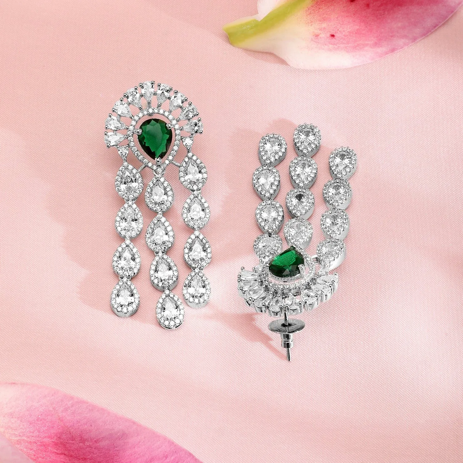 Rubans Silver-Plated EmeraldGreen & White CubicZirconia Multilayer Luxurious Jewellery Set