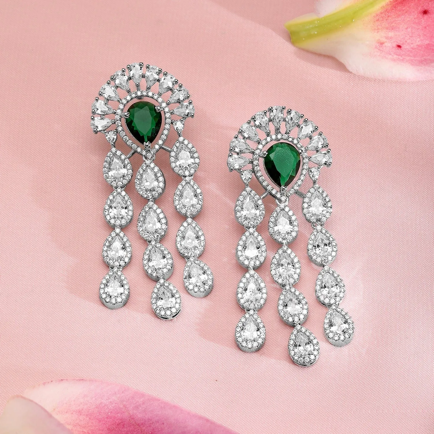 Rubans Silver-Plated EmeraldGreen & White CubicZirconia Multilayer Luxurious Jewellery Set