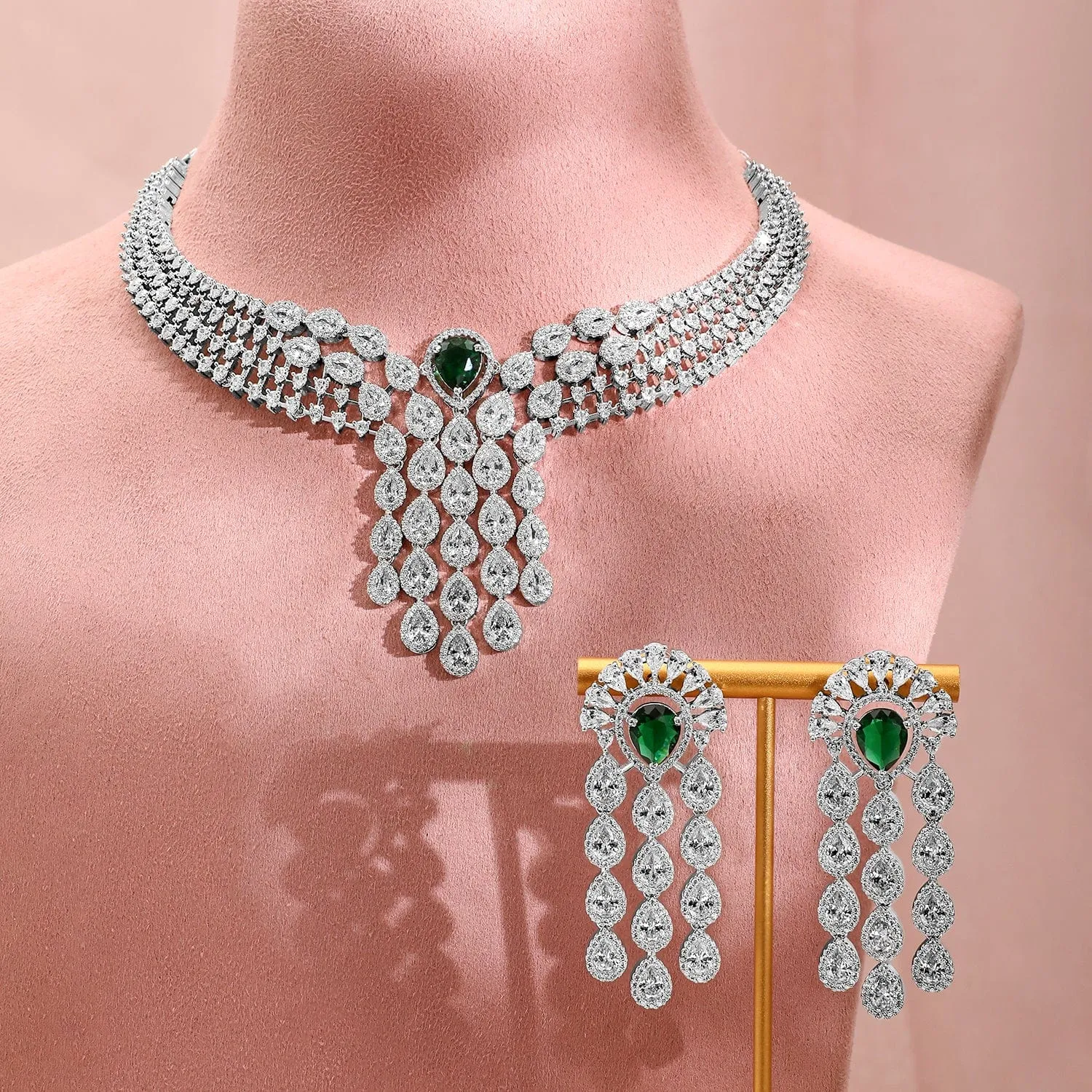 Rubans Silver-Plated EmeraldGreen & White CubicZirconia Multilayer Luxurious Jewellery Set