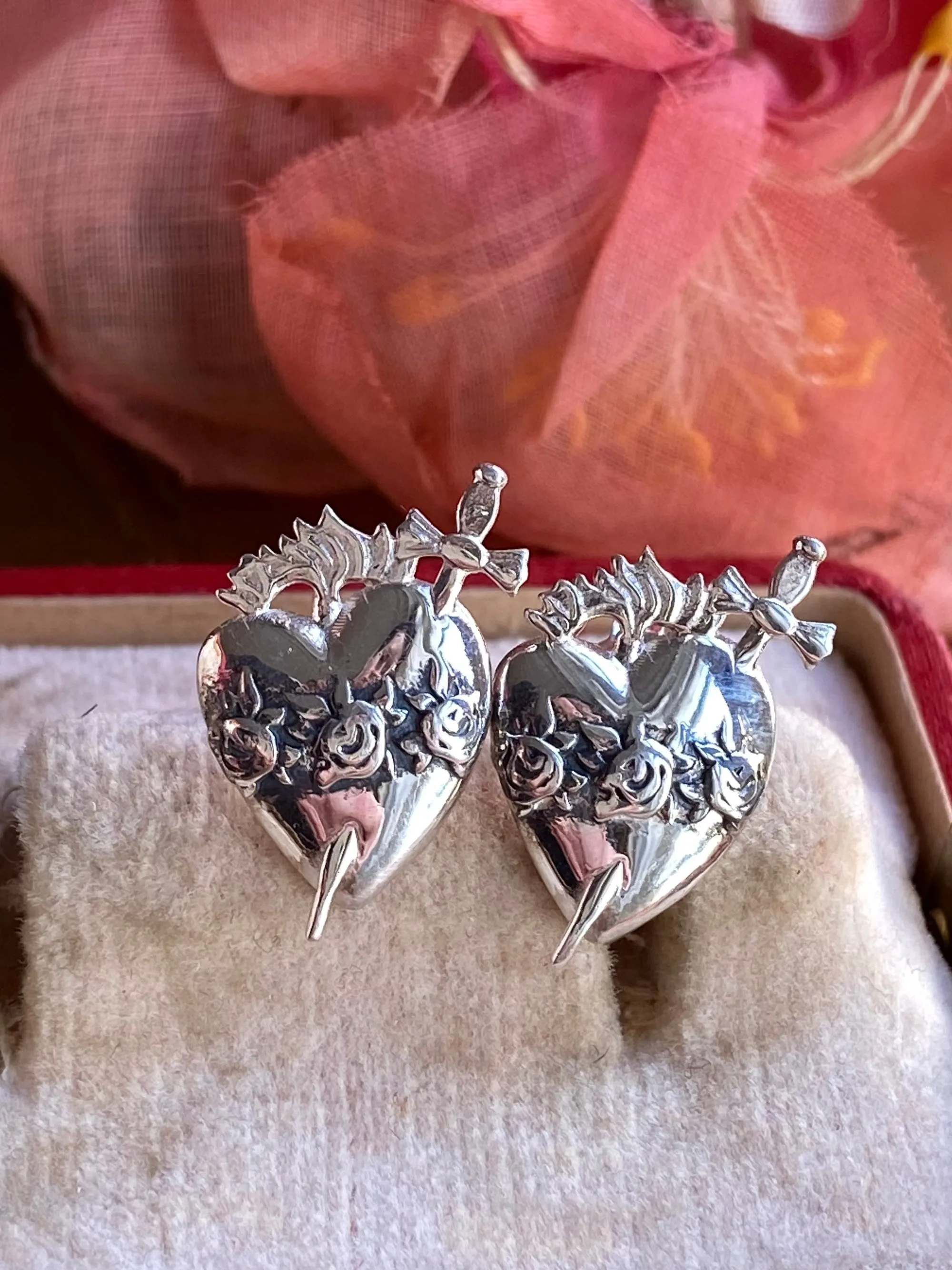 Silver Flaming Heart Earrings