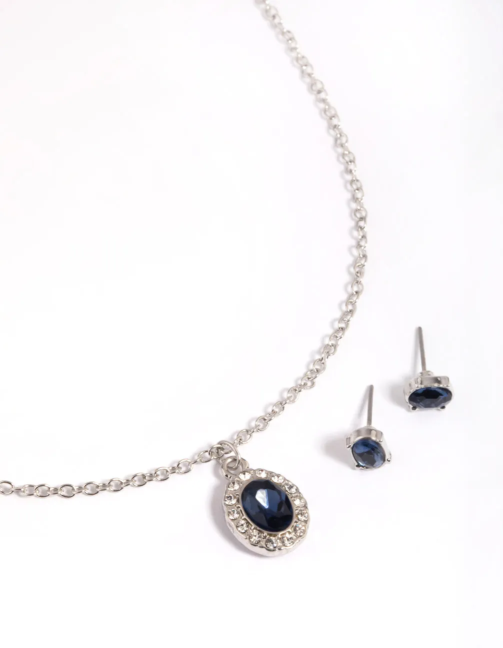 Silver Oval Diamante Necklace & Earrings Set