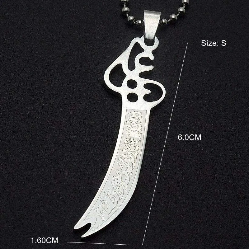 Silver Tone Islamic Imam Ali Zulfiqar Sword Pendant Necklace For Shia Muslim W/SS Chain 60CM Long For 4 Size